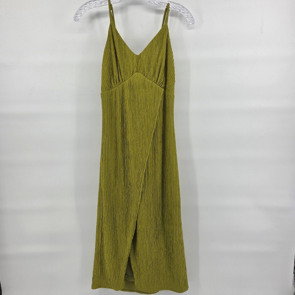 Lulus Midi Dress‎ XS Avocado Green Crinkle Wrap Back Tie Party Eclectic Summer